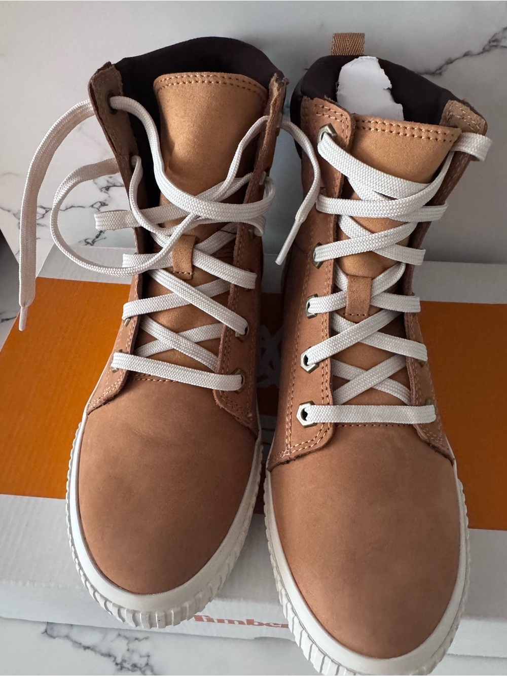 Timberland Tan Leather High-Top Sneakers with White Soles and Laces - Picture 2 of 6